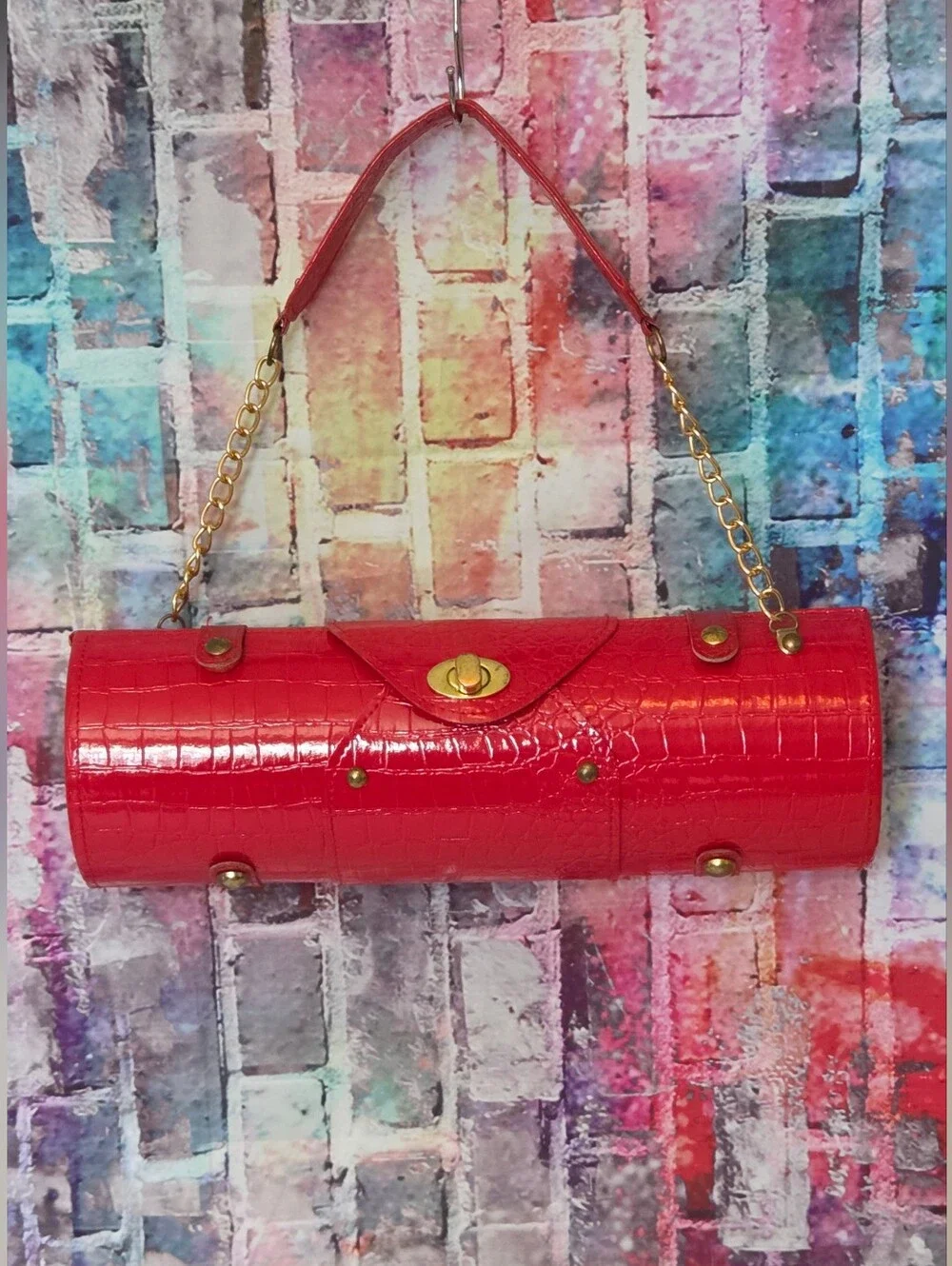 Bottle Carrier Cylinder Bag Croc-Texture W/ Gold Hardware